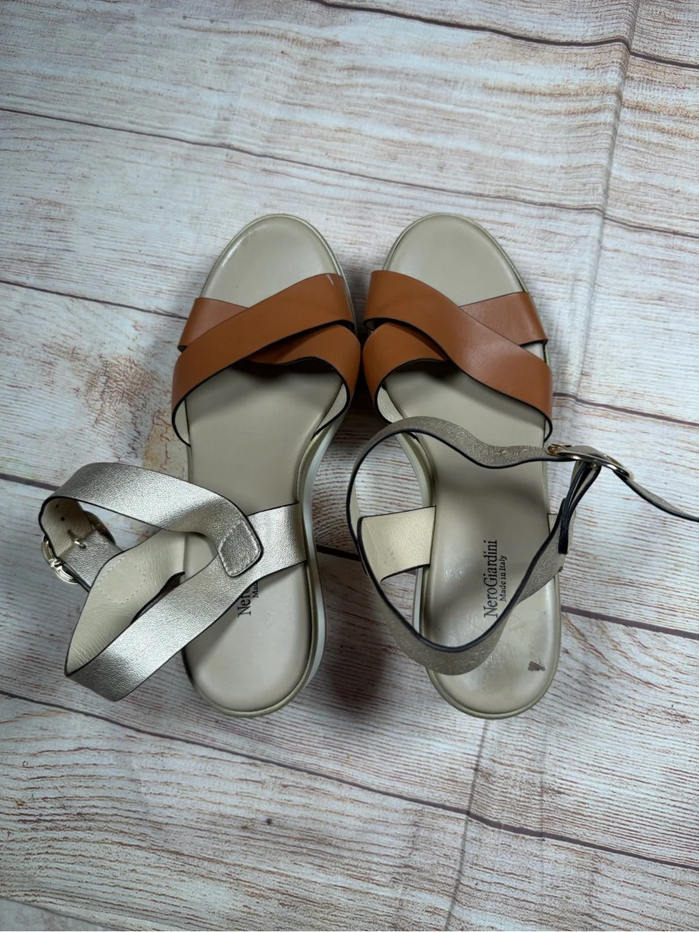 Nero Giardini Metallic Gold & Brown Wedge Sandals